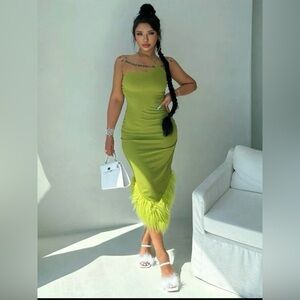 One Shoulder Fuzzy Trim Bodycon Dress